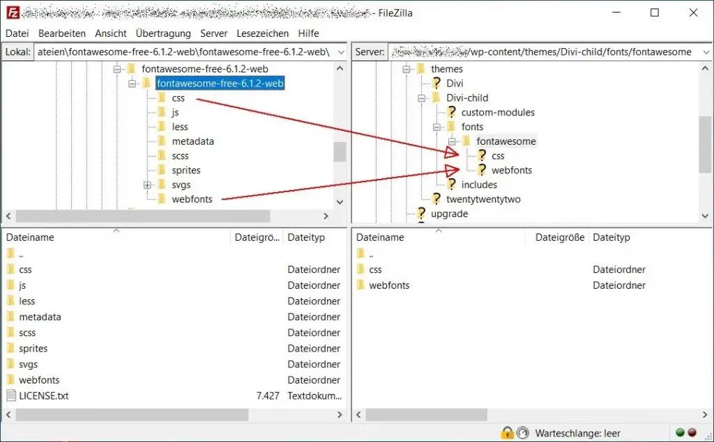 Filezilla Screen mit den css und webfonts Ordnern