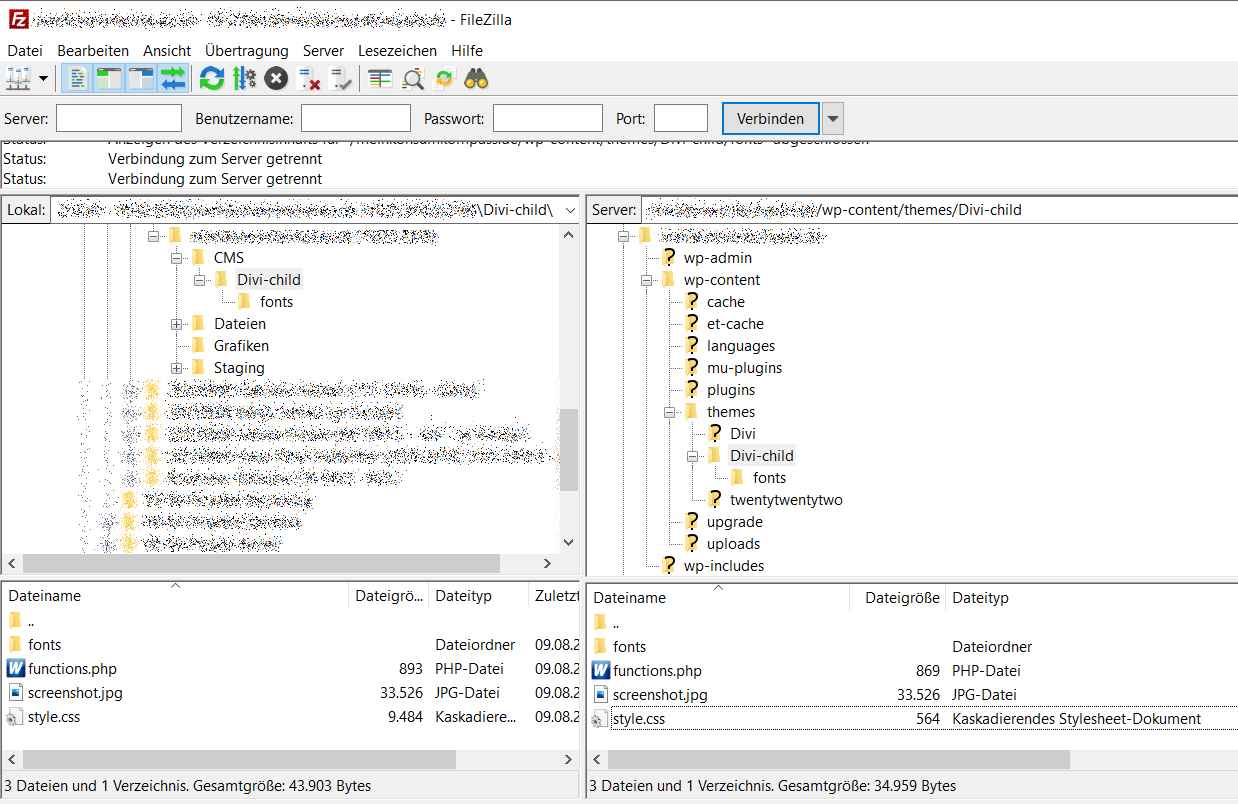 Screenshot: Filezille - Childtheme Ordnerstruktur mit der style.css