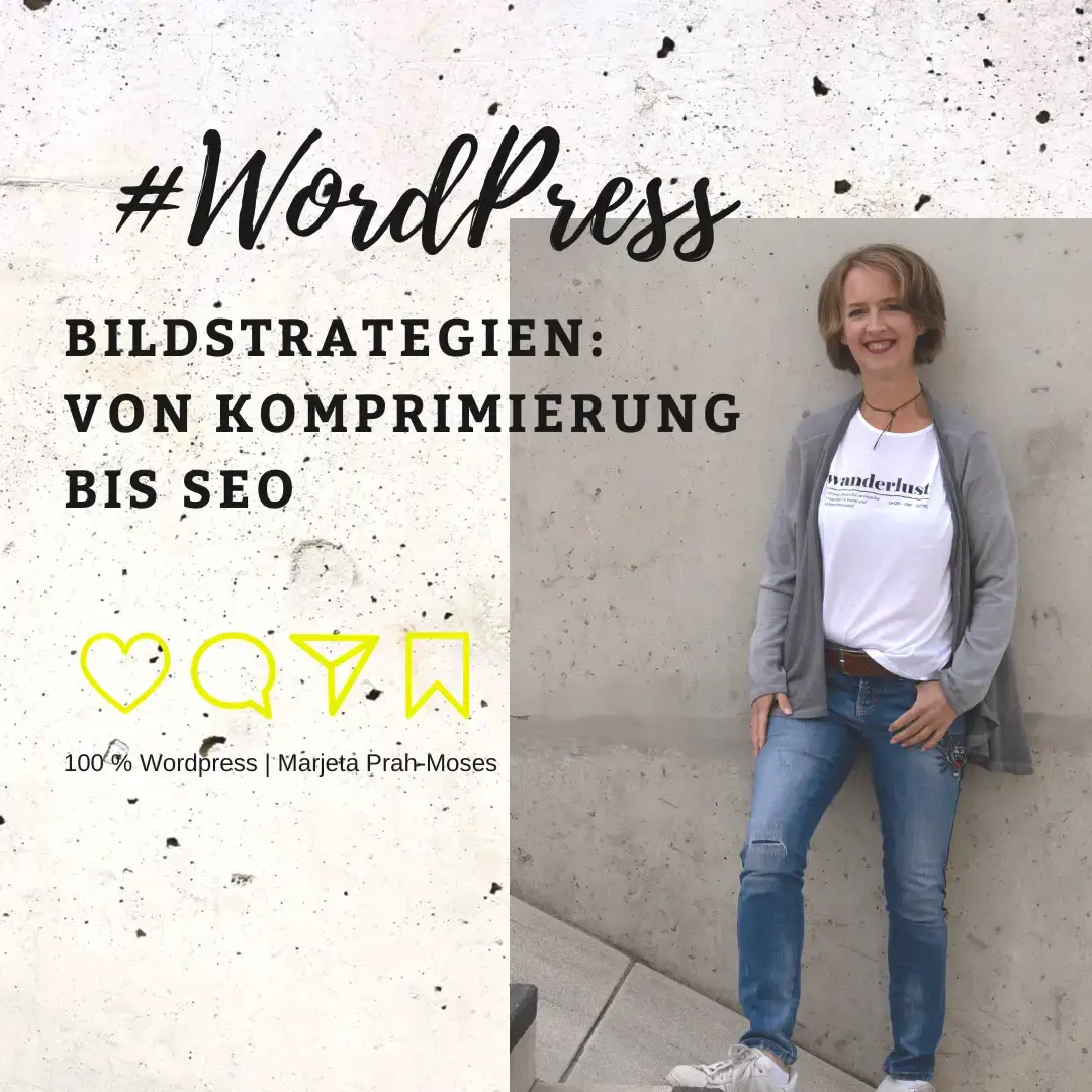 Text WordPress: "Bildstrategie: von Komprimierung bis SEO" auf grauem Hintergrund