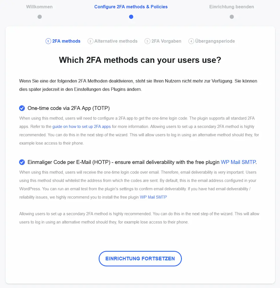 Screenshot: 2FA Konfiguration - Methoden Auswahl