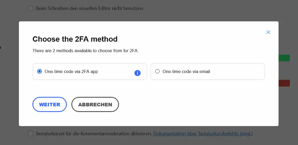 Screen: 2FA Methode auswählen